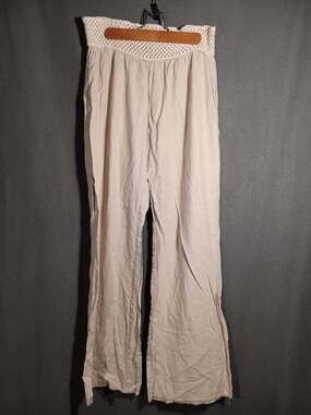 Angel Kiss Linen Wide Leg Beach Pants Women’s Large Beige Stretch Waist Pockets